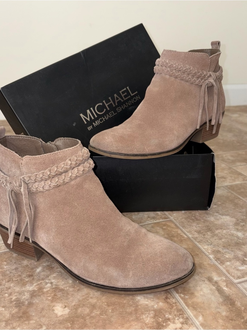 MICHAEL Michael Shannon Taupe Suede Ankle Booties